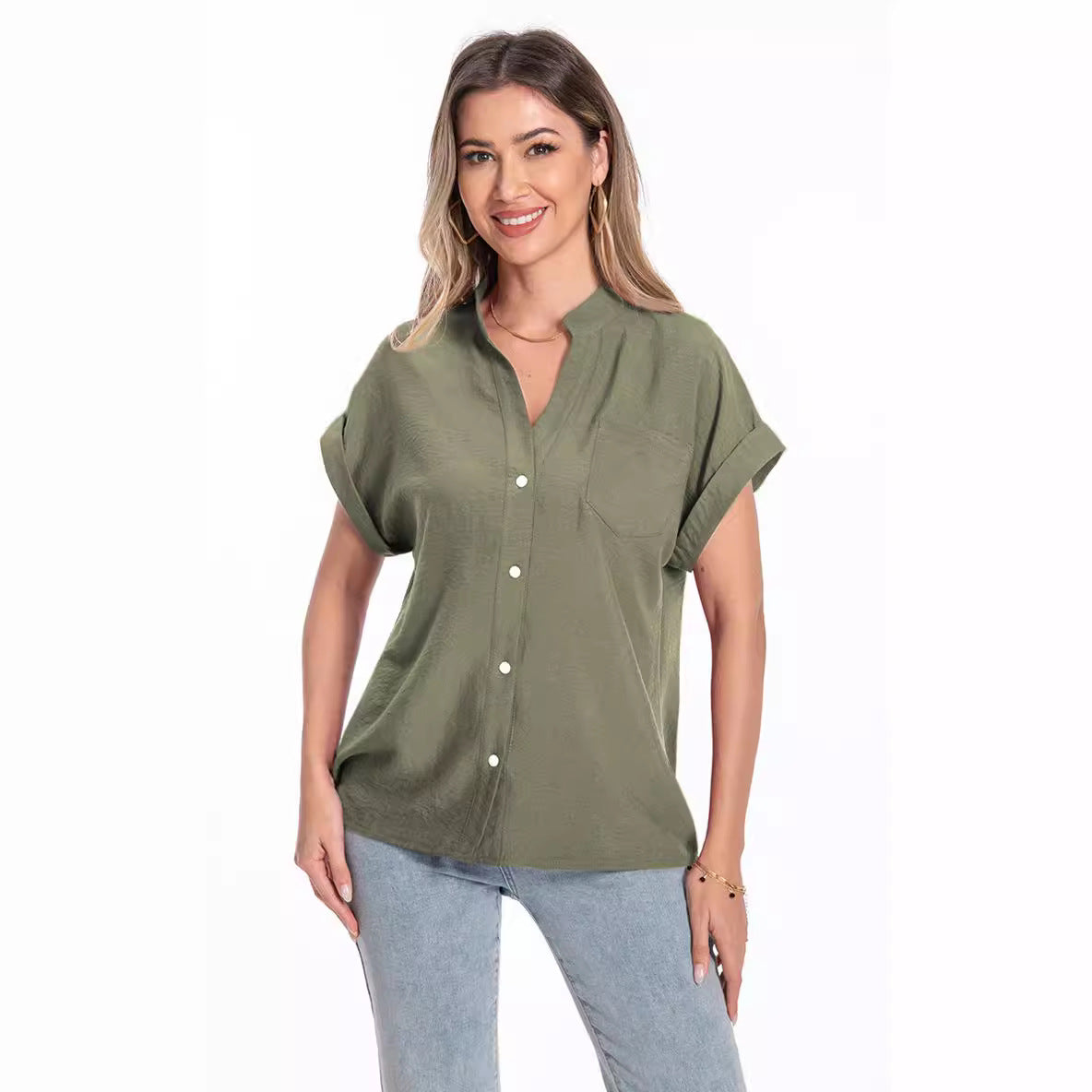 Stand Collar Button Fashion Comfortable Short Sleeve Women's Summer Top