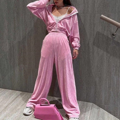 Fashion Women's Long-sleeve Lapel Zip-up Cardigan Hoodie Fleece Sweater Trousers