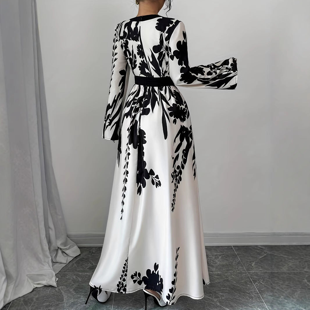 Temperament Print V-neck Slim Long Dress With Waist Belt Long Sleeves