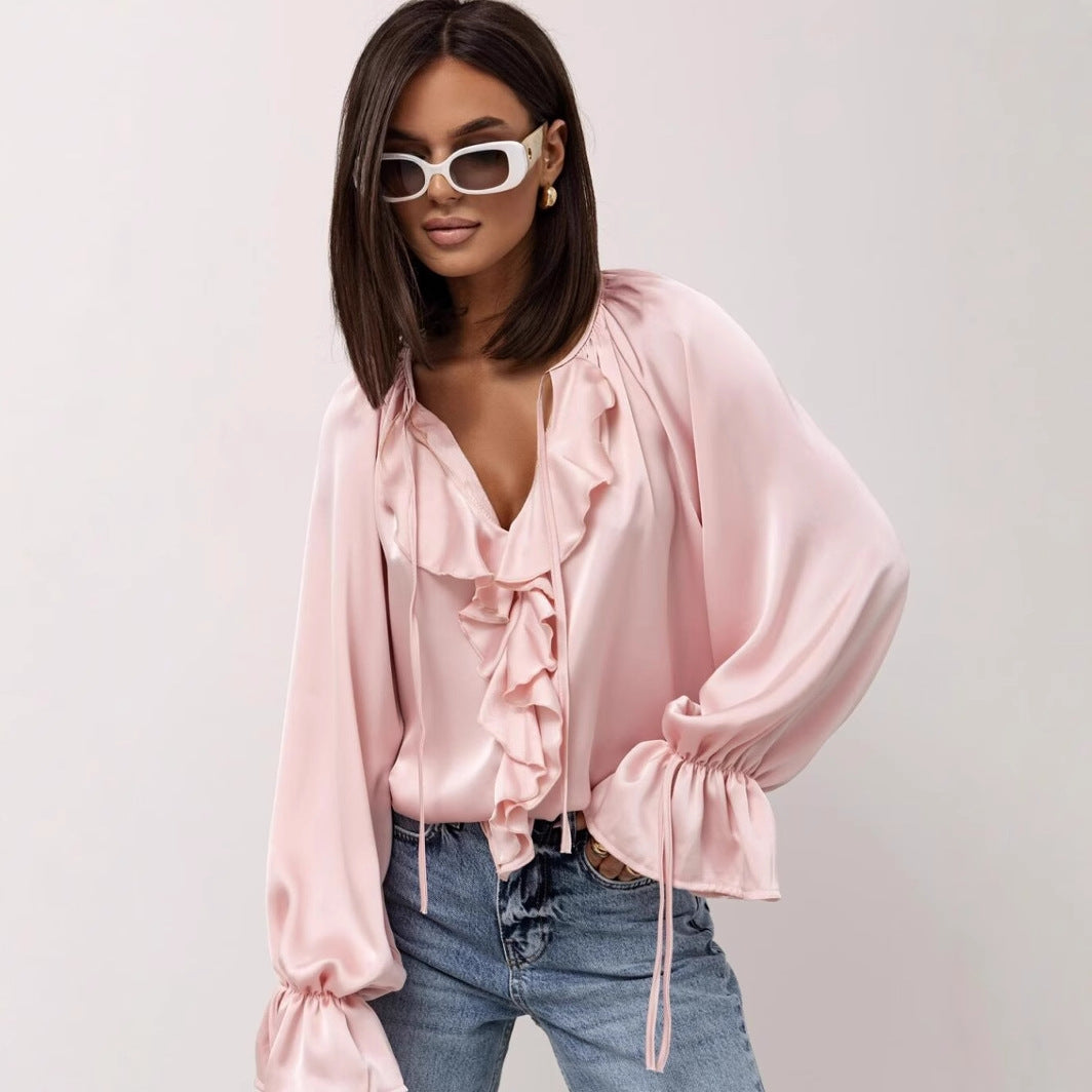 Womens Lace-Up Ruffle-Trimmed Loose Flare-Sleeve Shirt