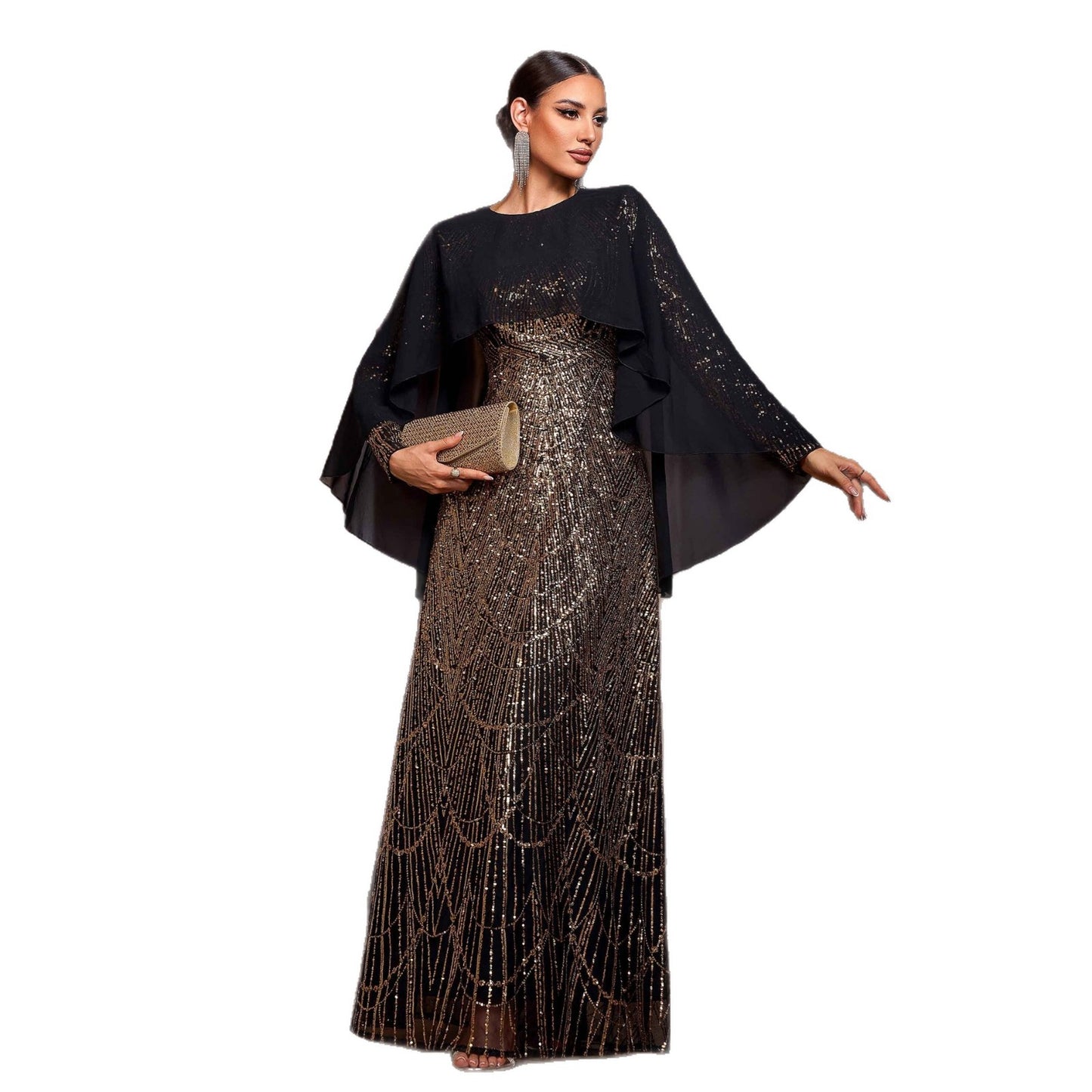Elegant Long Sleeve Round Neck Shawl Banquet Sequined A- Line Evening Dress