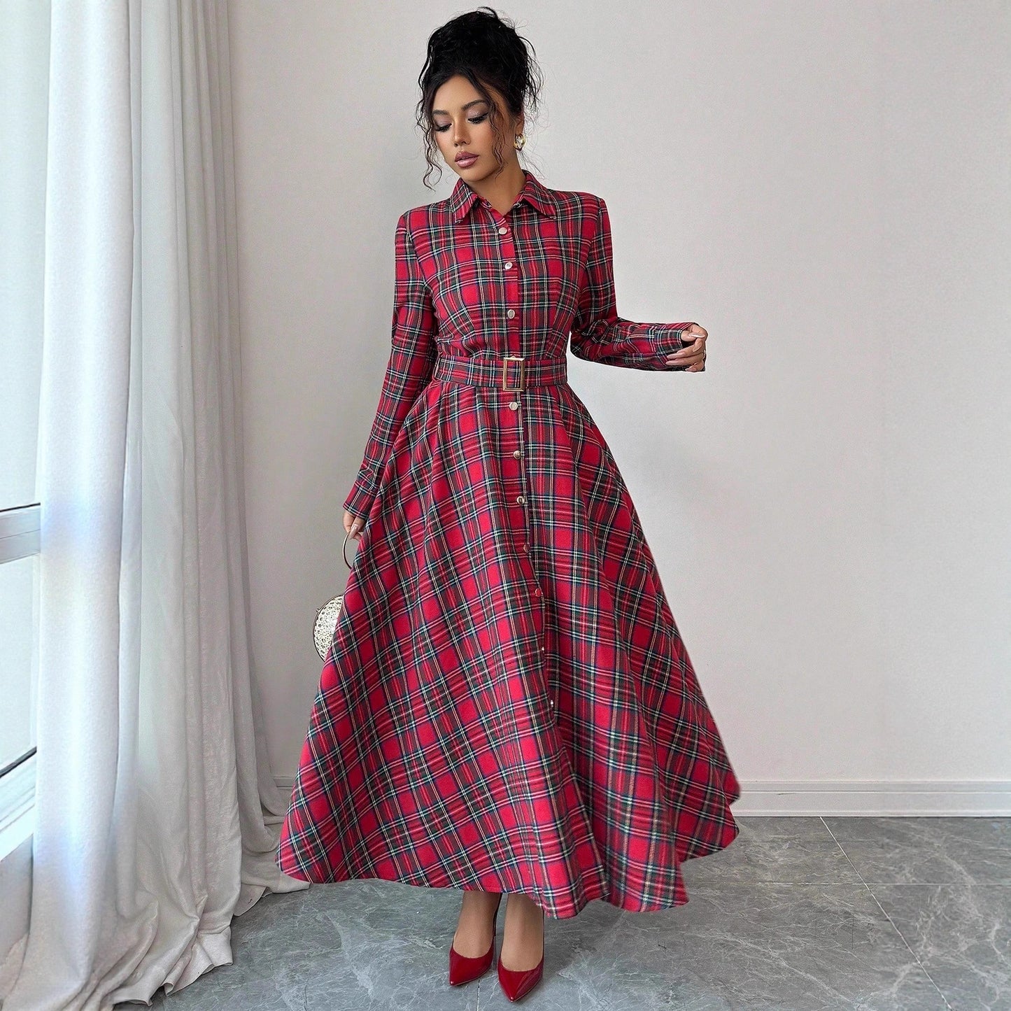 Elegant Romantic Woven Plaid Long Sleeve Dress