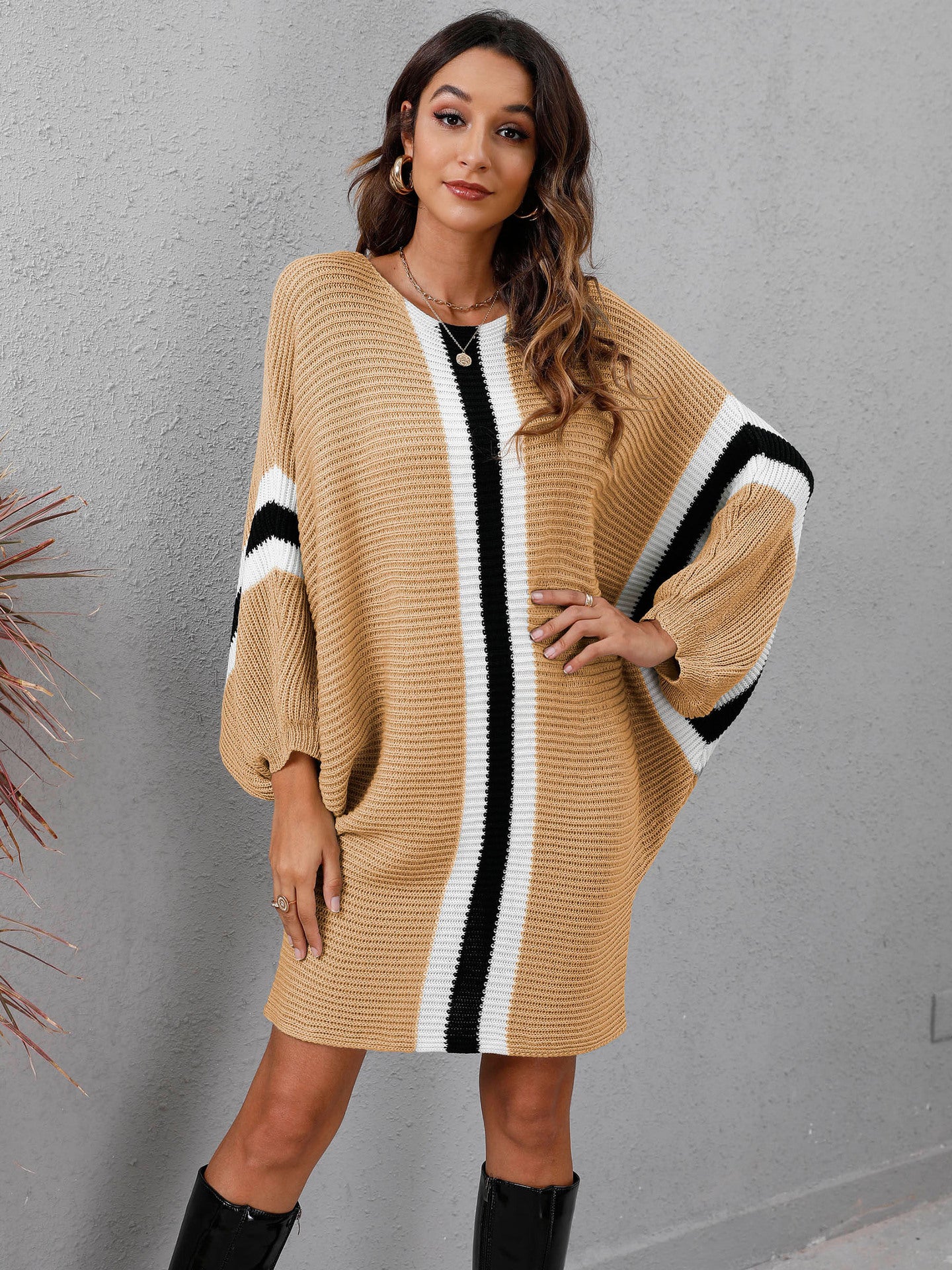 Knit Sweater Loose Bat Sleeve Contrast Color Stitching Dress
