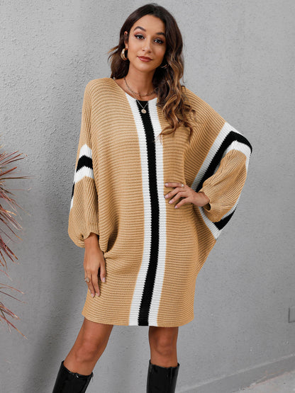 Knit Sweater Loose Bat Sleeve Contrast Color Stitching Dress