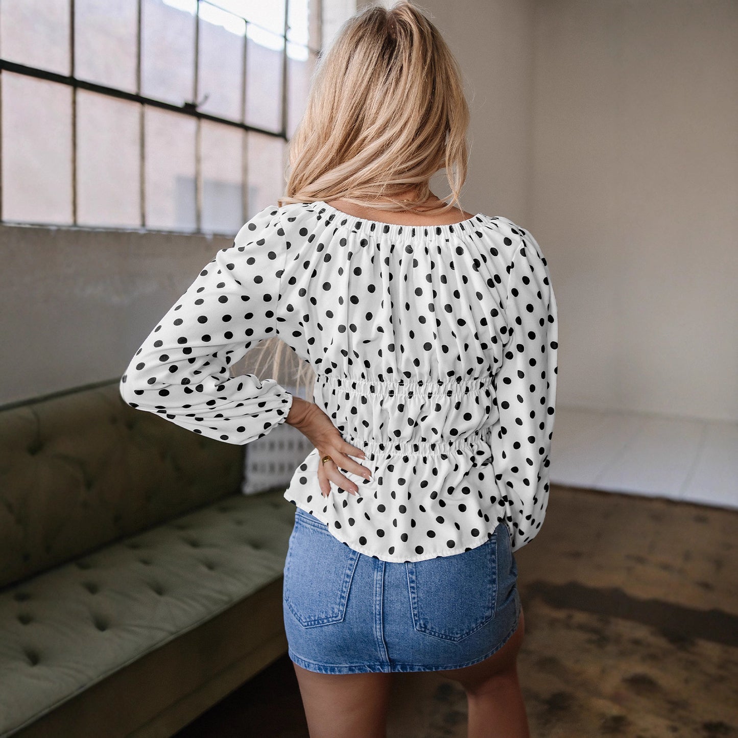 Women's Loose Bundle Casual Square Collar Polka Dot Long Sleeve Shirt