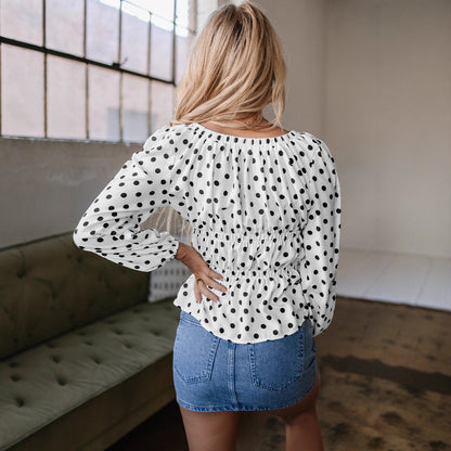 Women's Loose Bundle Casual Square Collar Polka Dot Long Sleeve Shirt