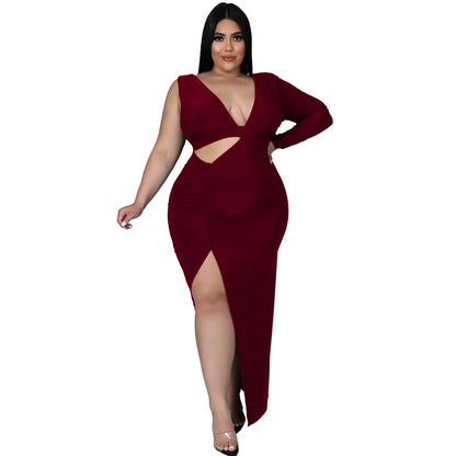 Solid-color Single-sleeve Sexy Hollow-out Maxi Dress