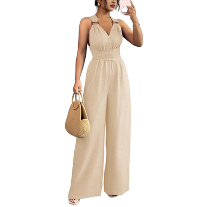 V-neck Backless Crossover-waistband Wide-leg Jumpsuit
