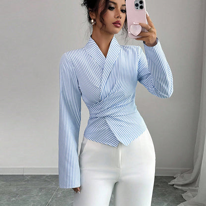Striped Long-Sleeve Elegant Strap Women's Blouse