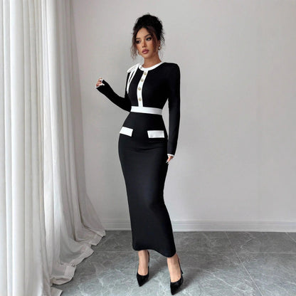 Black And White Womens Dress With Polyester Patchwork