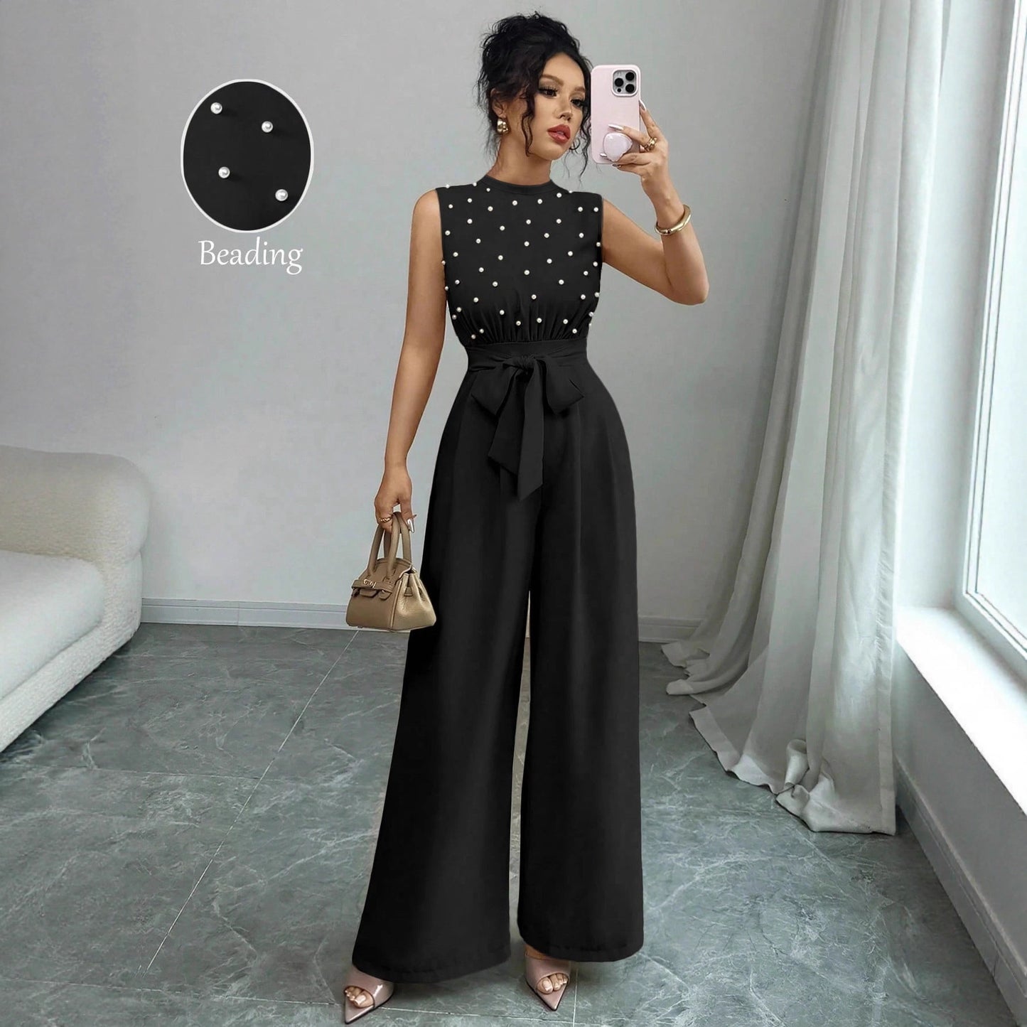 Black Polka Dot Sleeveless Wide-leg Jumpsuit With Round Neck