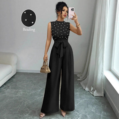 Black Polka Dot Sleeveless Wide-leg Jumpsuit With Round Neck