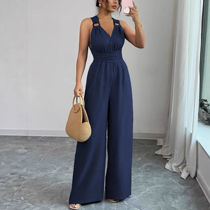 V-neck Backless Crossover-waistband Wide-leg Jumpsuit