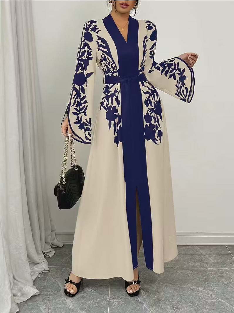Women's V-neck Long Cardigan Printed Flared Long-sleeve Lace-up Dress