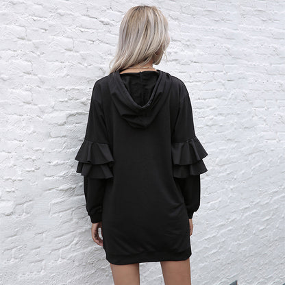 Long Sleeve Pullover Hoodie Skirt Women's Ruffled Patchwork Hoodie Skirt