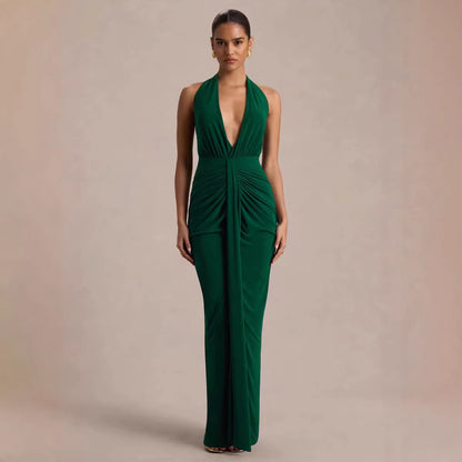 Chic V Neck Halter Dress With A Tie Figure Flattering Design And Stylish Pleats