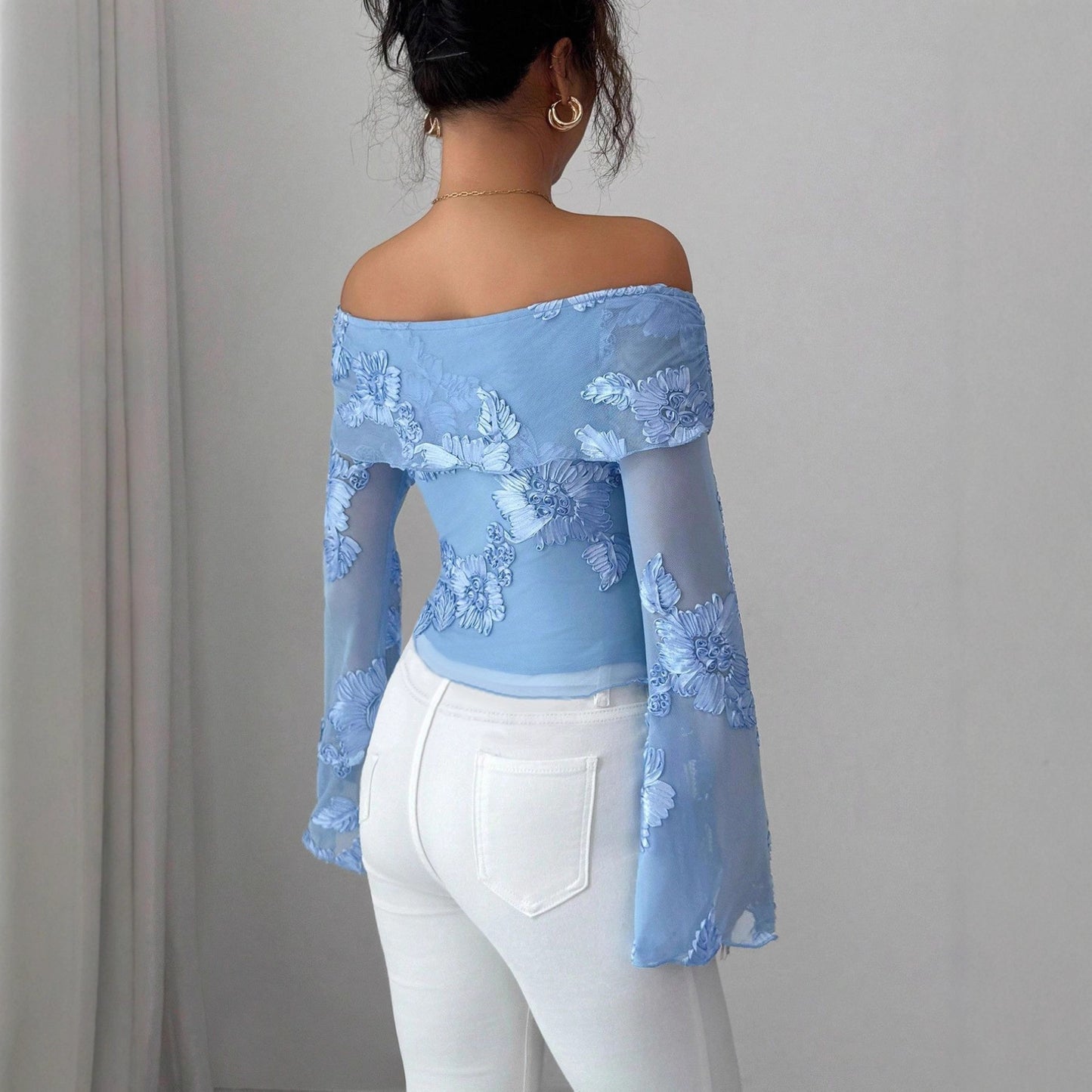 New One-shoulder Trumpet Sleeve Asymmetric Hem Embroidery Versatile Stylish Top