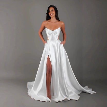 White Satin Slit Pocket Bandage Wedding Dress