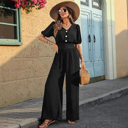 Womens Solid-Color Short-Sleeve Lapel Waist-Cinched Jumpsuit