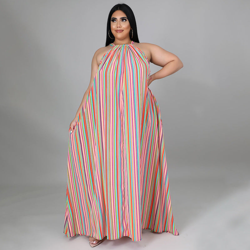 Women's Loose And Casual Plus-Size Striped Printed Dress