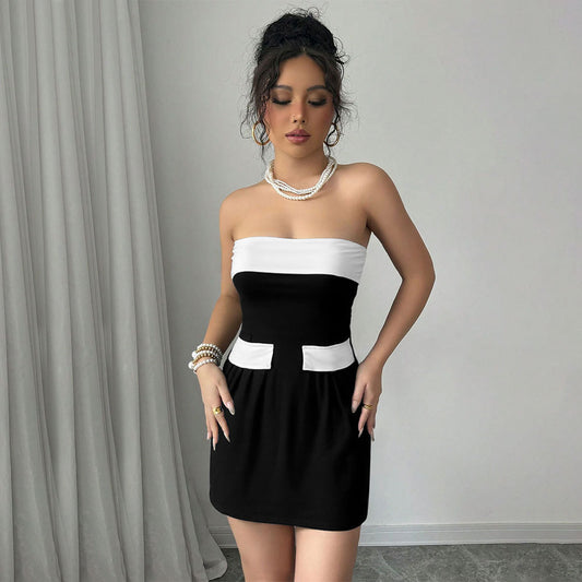 Socialite Style Dress Summer One-shoulder Bustier Color-blocked Mini Skirt