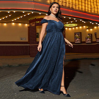 Off-shoulder New Plus Size Art Exam Host Dress Navy Blue