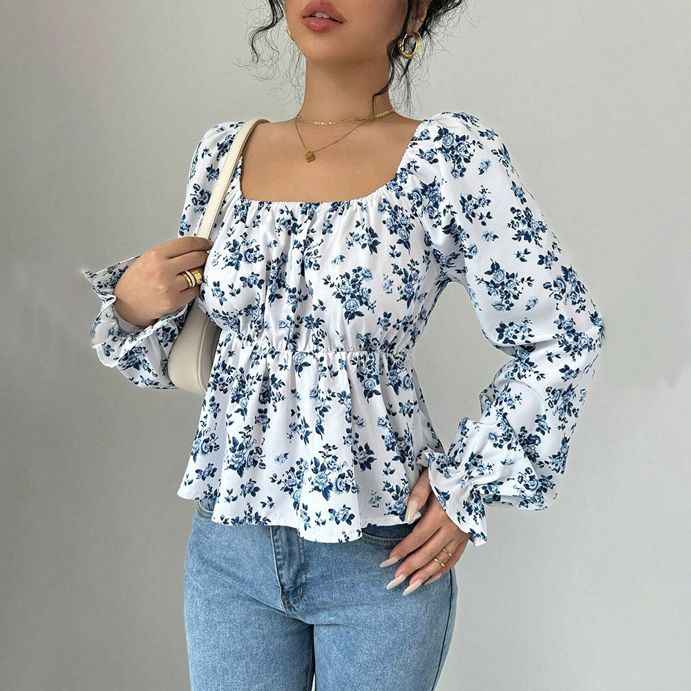 Autumn And Winter Square Neckline Puff Sleeve Popular Floral Long Sleeve Top