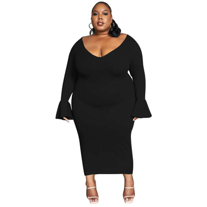 Fashionable And Sexy Plus-Size Women's Solid-Color Elegant V-Neck Maxi Dress