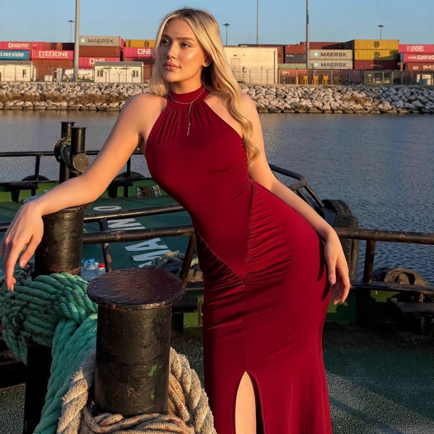 Rare Sleeveless Bandeau Figure-hugging Pleated Sli Elegant Sheath Dress