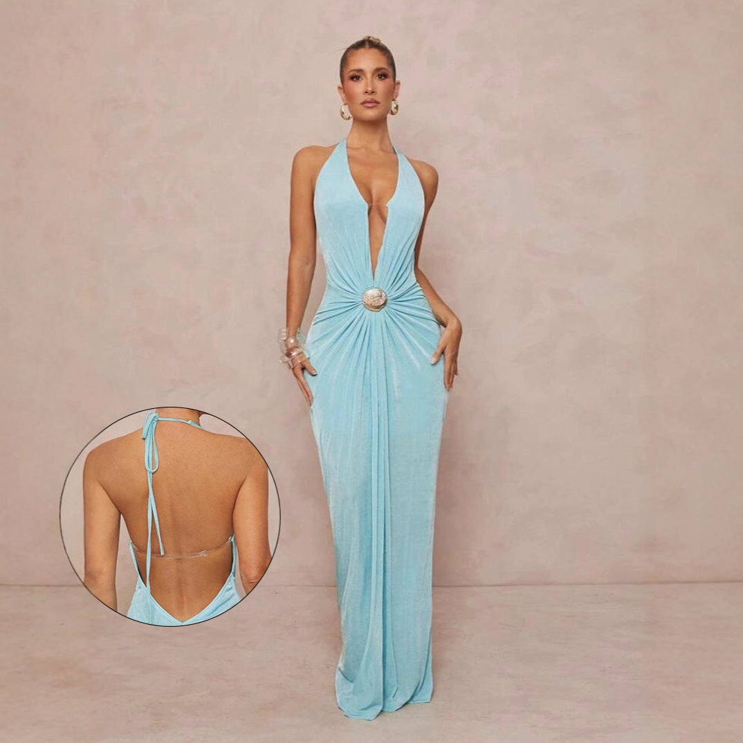 Deep V-neck Halter Dress With Open Back