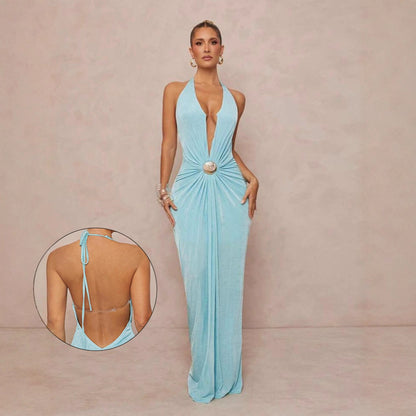 Deep V-neck Halter Dress With Open Back