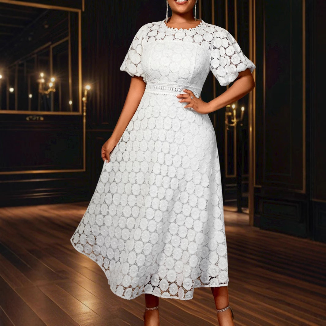 Plus Size Round Neck Lace Puff Sleeve Dress
