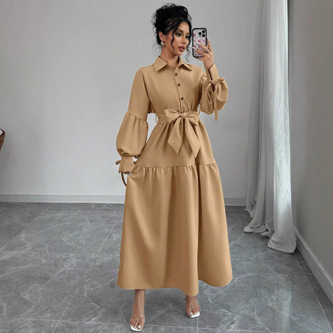 Fashionable Lace-up Long Sleeve Puff Sleeve Dress
