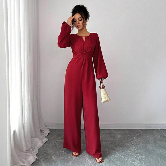 Women's Solid-Colored Jumpsuit With Puffed Sleeves, Square Neck And Wide Legs