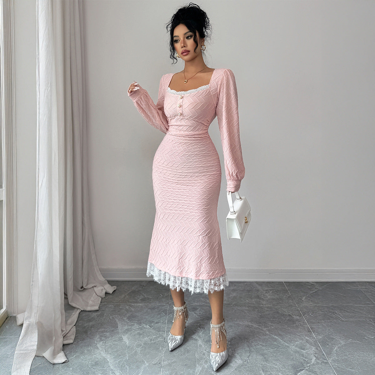 Elegant Button-down Long-sleeve Bodycon Dress For Women