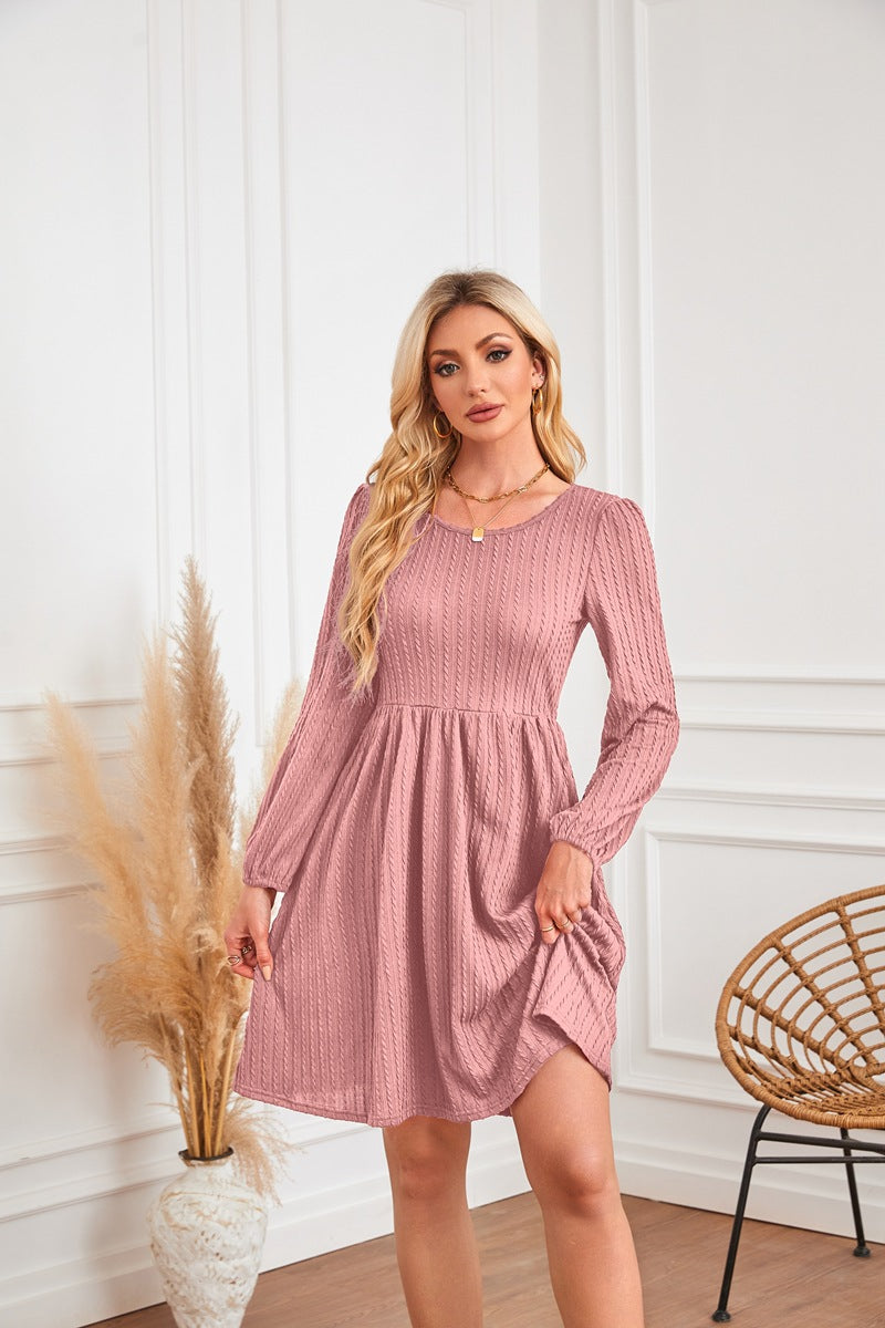 Round Neck Pocket Knitted Sweater Long Sleeve A- Line Dress