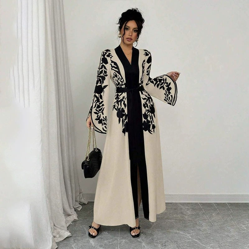 Women's V-neck Long Cardigan Printed Flared Long-sleeve Lace-up Dress