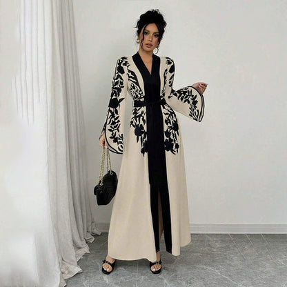 Women's V-neck Long Cardigan Printed Flared Long-sleeve Lace-up Dress