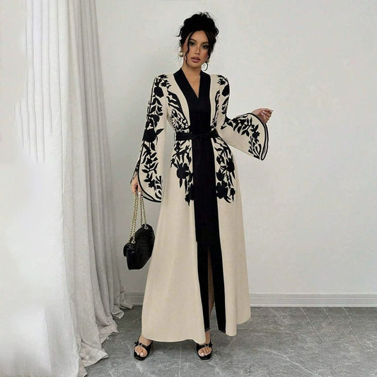 Women's V-neck Long Cardigan Printed Flared Long-sleeve Lace-up Dress