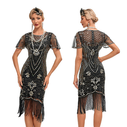 Womens Retro Party Sequin Tassel Dress