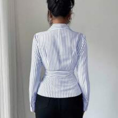 Elegant Women's Striped Long-sleeve Asymmetrical-neck Blouse