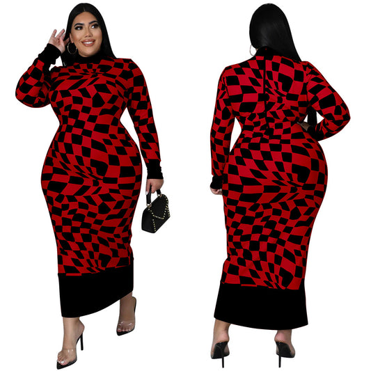 Women's Crew-Neck Plaid Printed Long-Sleeve Elegant Dress