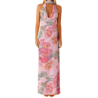 Womens Floral Halterneck Deep V-Neck Backless Bodycon Maxi Dress