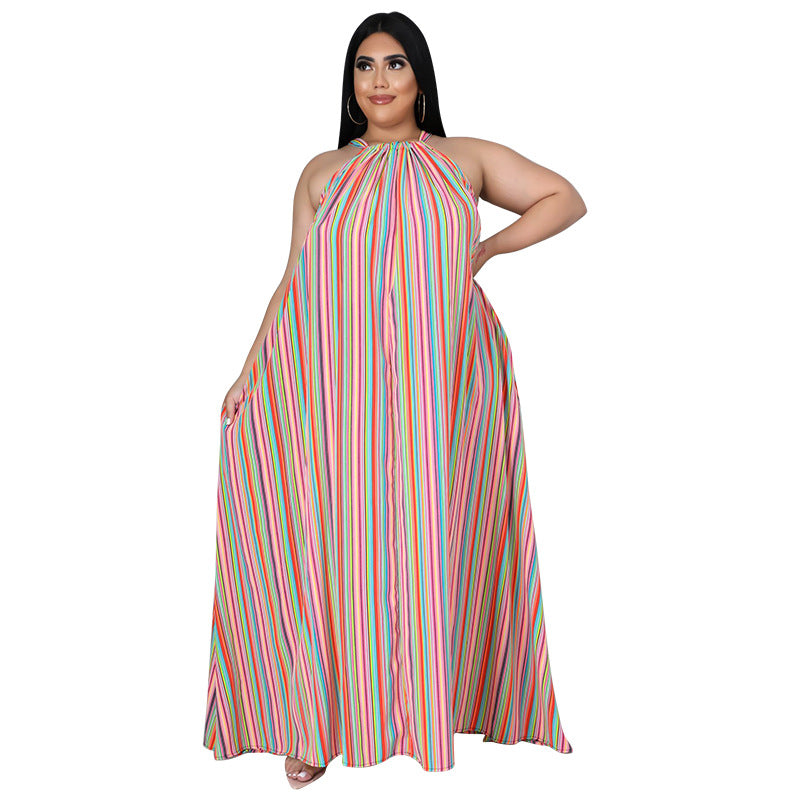 Women's Loose And Casual Plus-Size Striped Printed Dress