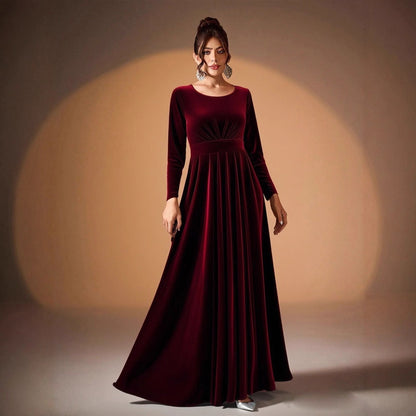 Plus Size Velvet Long Sleeve Dress With Pleats