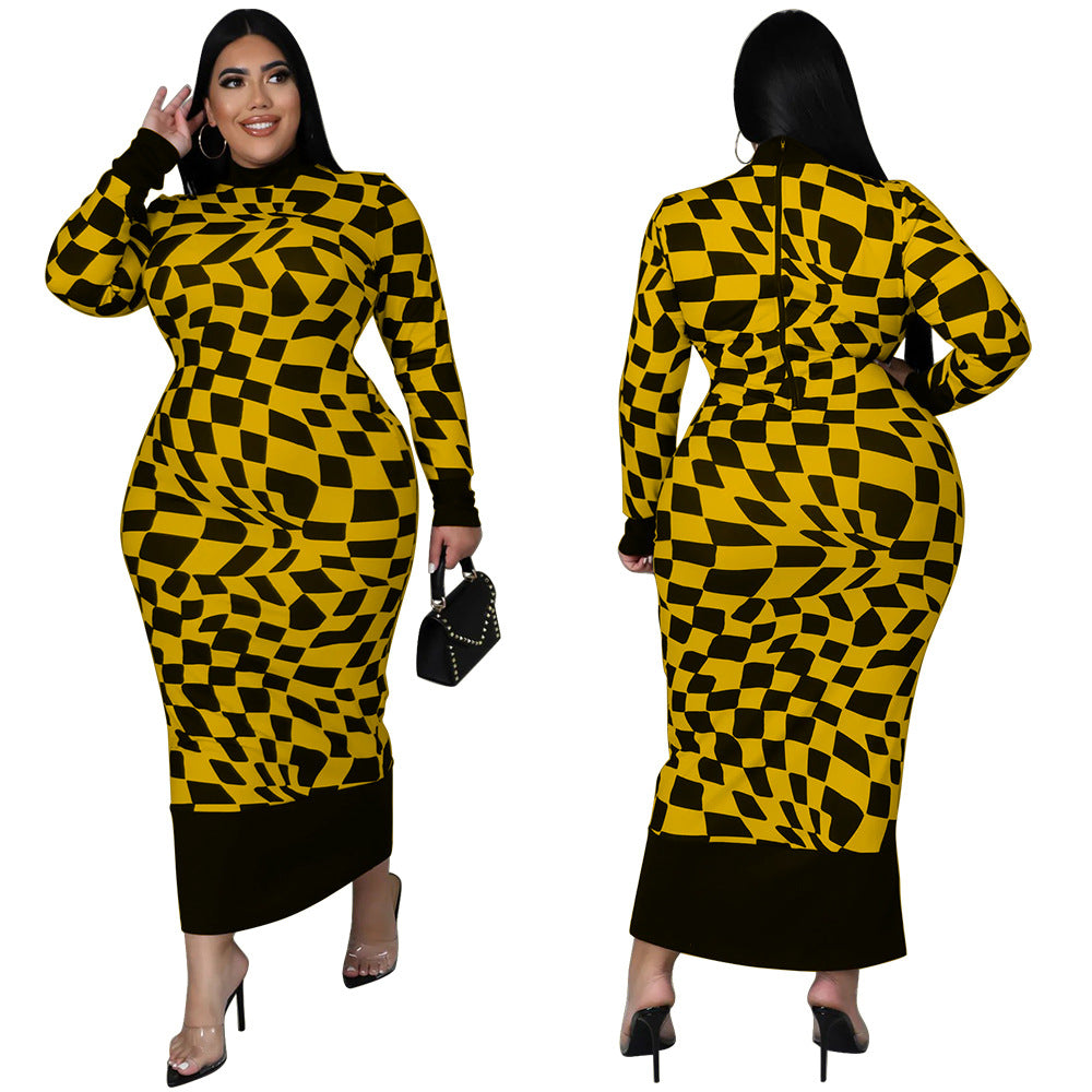 Women's Crew-Neck Plaid Printed Long-Sleeve Elegant Dress