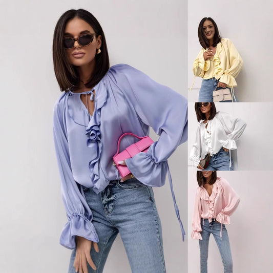 Womens Lace-Up Ruffle-Trimmed Loose Flare-Sleeve Shirt