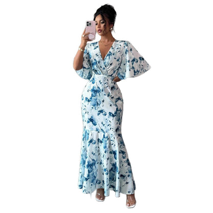 French Round Neck Lantern Sleeve Waist-cinching Slimming Dress