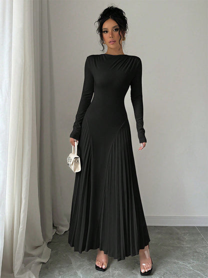 Long Sleeve Knitted Long Skirt Pleated Dress Elegant