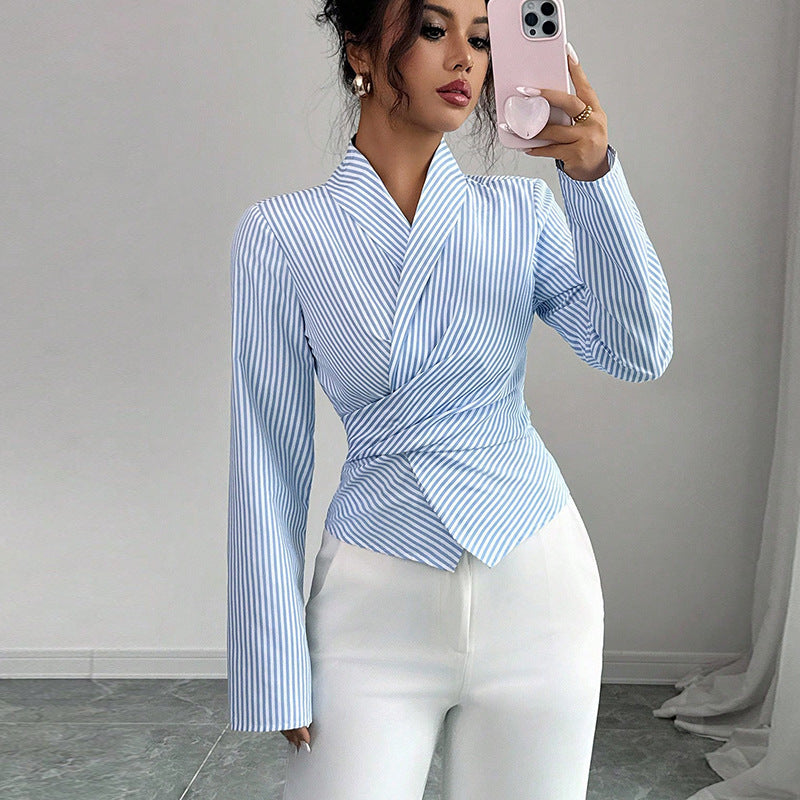 Striped Long-Sleeve Elegant Strap Women's Blouse